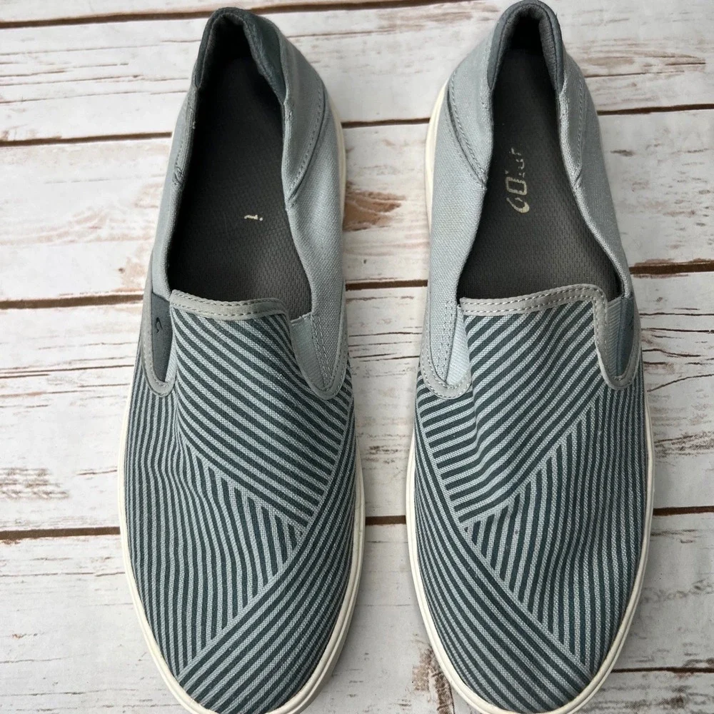 OluKai Lae'ahi Lole Slip On Sneaker Pavement Grey Geometric Stripe Mens 12‎